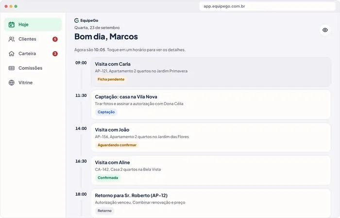 App da EquipeGo para corretores autônomos no computador