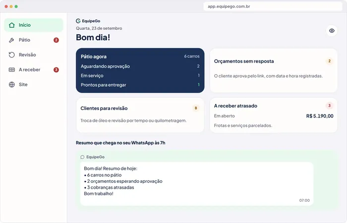 App da EquipeGo para oficinas mecânicas no computador