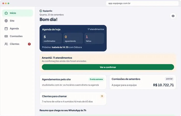 App da EquipeGo para salões, barbearias e estética no computador